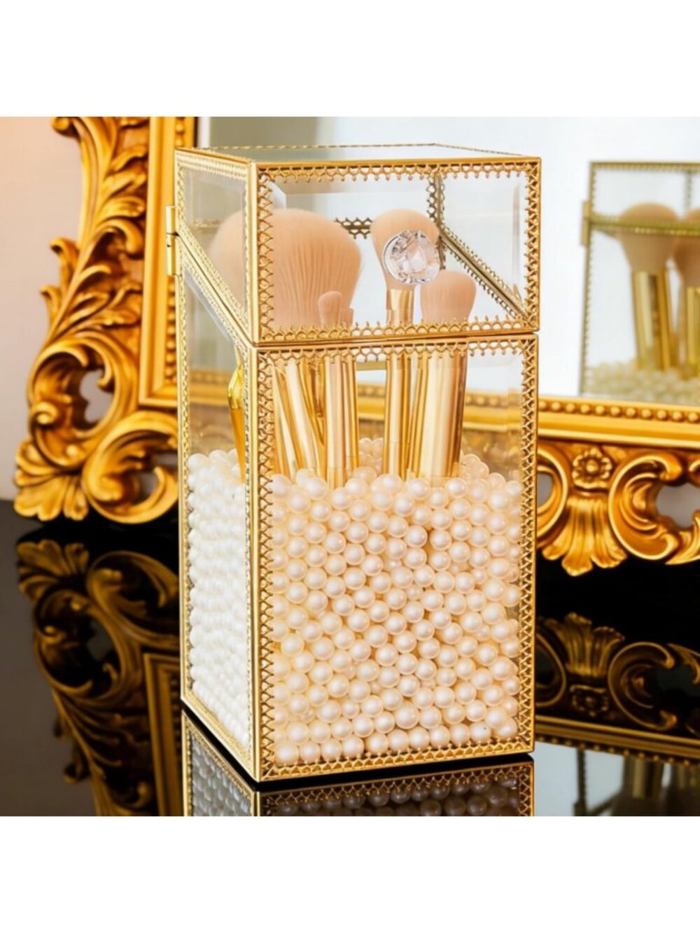 Clear Makeup Brush Holder Organizer with Lid, Vintage Cosmetic Storage Box